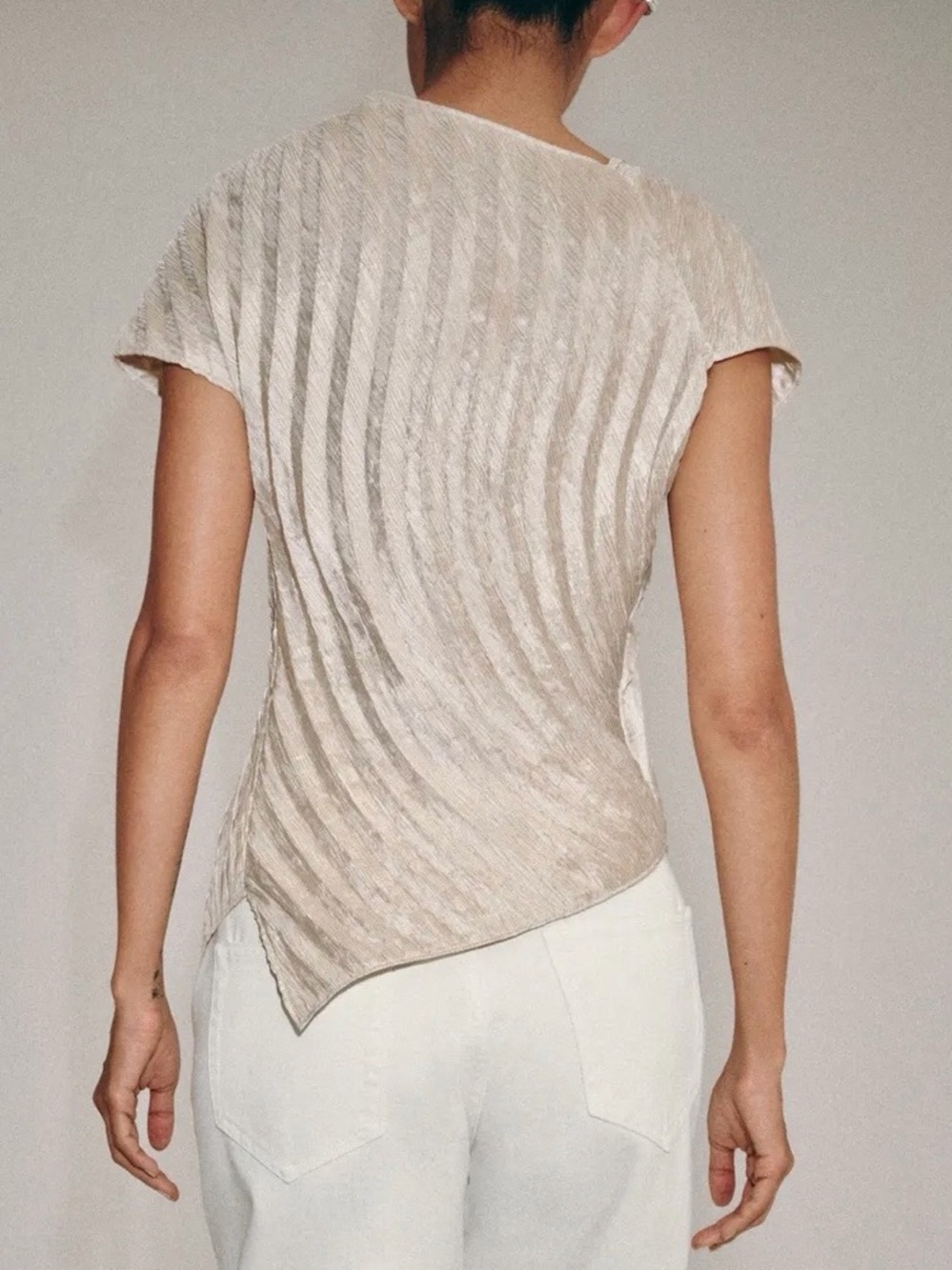 Zara NWT ZW COLLECTION luxurious Pleated Short Sleeve champagne cream formal Top - Picture 10 of 13